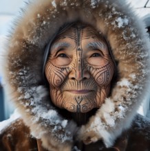 Portrait of a tattooed old woman of the Eskimo, the indigenous Inuit, AI generated, AI generated