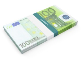 Creative business finance making money concept, bundle of hundred euro banknotes bills isolated on