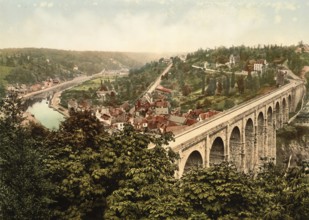 Dinan Viaduct in Brittany, France, c. 1890, Historic, digitally enhanced reproduction of a