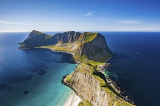 View from Håheia or Håen mountain to mountains and coast, Måstad peninsula, Værøy island, Vaeroy,