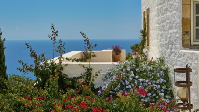 View of blooming flowers and the sea from a white terrace, Chora, Old Town, Patmos, Dodecanese,