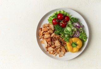 Gyros, chicken, with vegetables on plates, disassembled shawarma, fast food, appetizer, cooking
