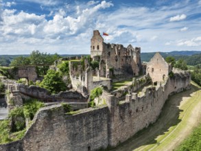 Aerial view of the ruins of Hochburg Castle, also known as Hachberg, 11th century, between