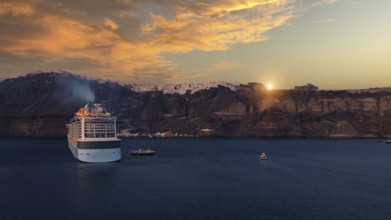 Greece Islands, cruise ship docked near Santorini island on a cruise vacation in Mediterranean