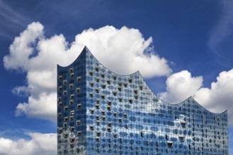 Elbe Philharmonic Hall, detail of the glass facade with clouds, Hafencity, Hamburg, Germany, Europe