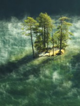 Trees in the morning mist on a small island in Lake Fernstein, Nassereith, Tyrolean Oberland,