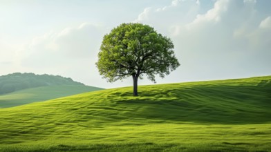 Peaceful image of a vibrant green hill with a single tree bathed in sunlight conveying simplicity,