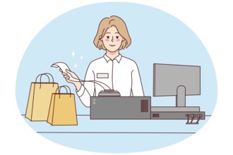 Smiling female cashier with bags at shop register. Woman selling products giving bill to client in
