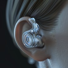 Digital representation of a human ear with a stylised, silver hearing aid, AI generated