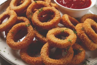 Food, Deep fried onion rings, appetizer, with tomato sauce, on a light background, no people,