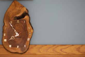 Wooden clock, handmade wooden wall analog natural clock made from tree stump with roman numerals