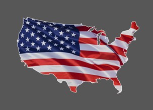 Map, outline of United States of America designed with national flag