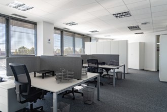 Empty places for workers in contemporary coworking. Startup business office interior at new