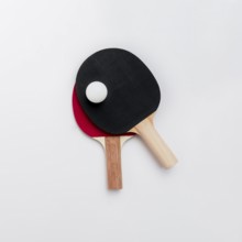 Top view ping pong paddles with ball
