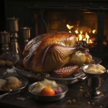 Crispy Christmas goose in a rustic setting on a table, AI generated