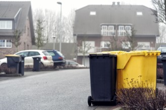 Yellow and grey bins in a residential area