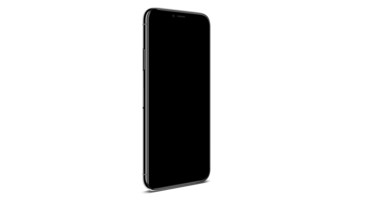 A sleek black smartphone featuring a modern design, isolated on a white background