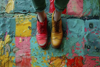 Close-up of feet in mismatched shoes on a brightly painted surface, AI generated