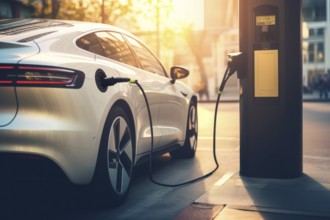 An e-car charging at a charging station in a city, warm light, AI generated