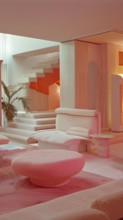 A monochromatic pink interior design of a living room with minimalistic style, architecture,