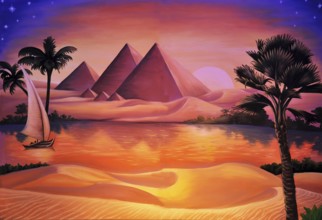 Painted concert backdrop of ancient Egypt and Nile River