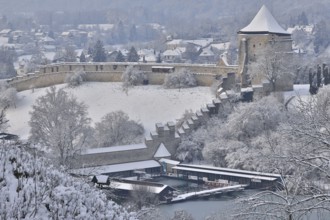 Bathing facility at the Wöhrsee in Burghausen, venue for ice swimming competitions, winter shot,