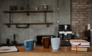 Front view coffee mugs table counter