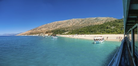 Panoramic view of the paradise beach of Kroreza or Krorez from the boat on the Albanian riviera in