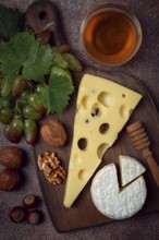 Cheese with big holes, emmental, maasdam, brie cheese, on a cutting board, with grapes and honey,