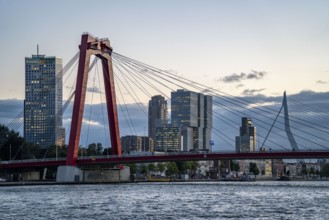 The skyline of Rotterdam, with the Willemsbrug and the Erasmus Bridge, behind, over the Nieuwe