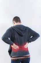 Male person with spine problems isolated. Back view of person with back ache isolated. Lumbar