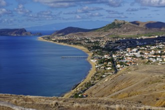 View from the viewpoint, Vila Baleira village, Miradouro Portella 162 m, sandy beach, Madeira
