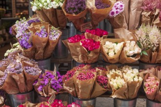 Bundled bouquets in front of a flower shop, Germany, Europe
