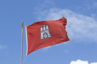 Red flag with the coat of arms of Hamburg against a blue sky in Hamburg, Germany, Europe