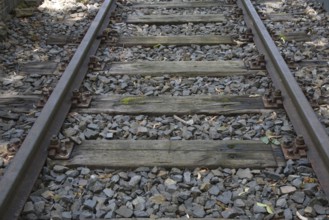 Rails with old wooden sleepers as part of the Gleis 17 memorial site, former Grunewald goods