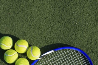 Top view tennis balls racket. High resolution photo