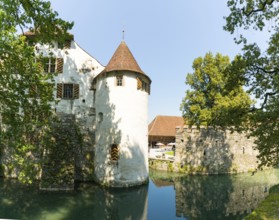 Switzerland - 28 August 2019: horizontal view of the famous Hallwyl Castle on the Aabach River in