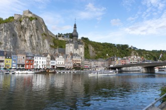 Belgium - 11 August 2019: view of the small town of Dinant with Maas river and citadel and