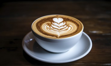 A ceramic cup of cappuccino with intricate latte art on a wooden table, evoking a cozy cafe