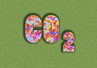 CO 2 carbon dioxide with flower design on green background, lettering, letters, illustration,