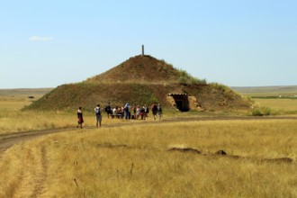 Reconstruction of a Bronze Age kurgan, Arkaim, Chelyabinsk Oblast, Siberia, burial mound, barrow,