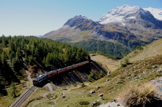 Switzerland, The Bernina Express near Alp Grüm in the Upper Engadine, Europe