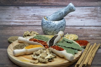 Different types of spices in wooden spoons on a wooden disk ginger, cayenne, pepper, cinnamon,