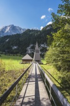 The mountain church Klöntal, behind it the 2294 metre high Mutteristock, Canton Glarus,
