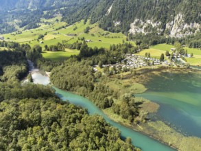 The Vorauen campsite on Lake Klöntal with the Chlü tributary, Klöntal, Canton Glarus, Switzerland,