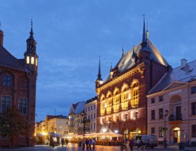 The Areszt sledczy in the medieval old town of Thorn, illuminated in the evening. The historic city