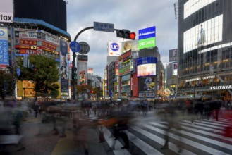 People cross the Shibuya crossroads, most frequented crossroads in the world, Shibuya, Tokyo,
