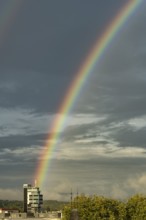 Rainbow over the aquaTurm hotel in Radolfzell on Lake Constance, Constance district,