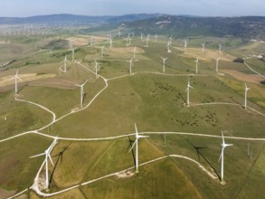 Windmills on a wind farm near Zahara de los Atunes, aerial view, drone shot, Cádiz province,
