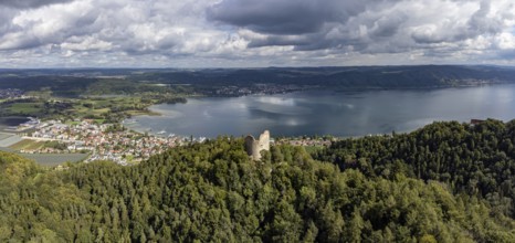Aerial view of Lake Constance with the ruins of Altbodman with the village of Bodman-Ludwigshafen,
